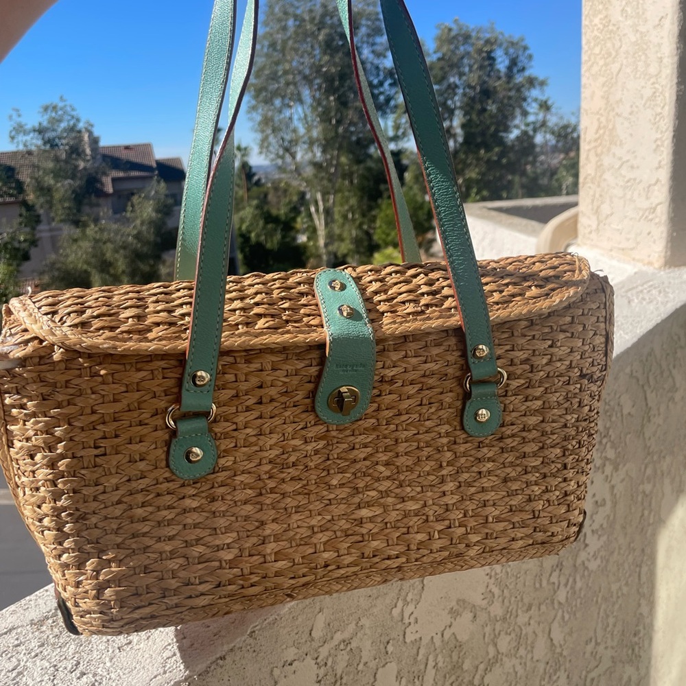 Kate Spade Woven Straw Handbag with Teal Accents - Picture 4 of 9